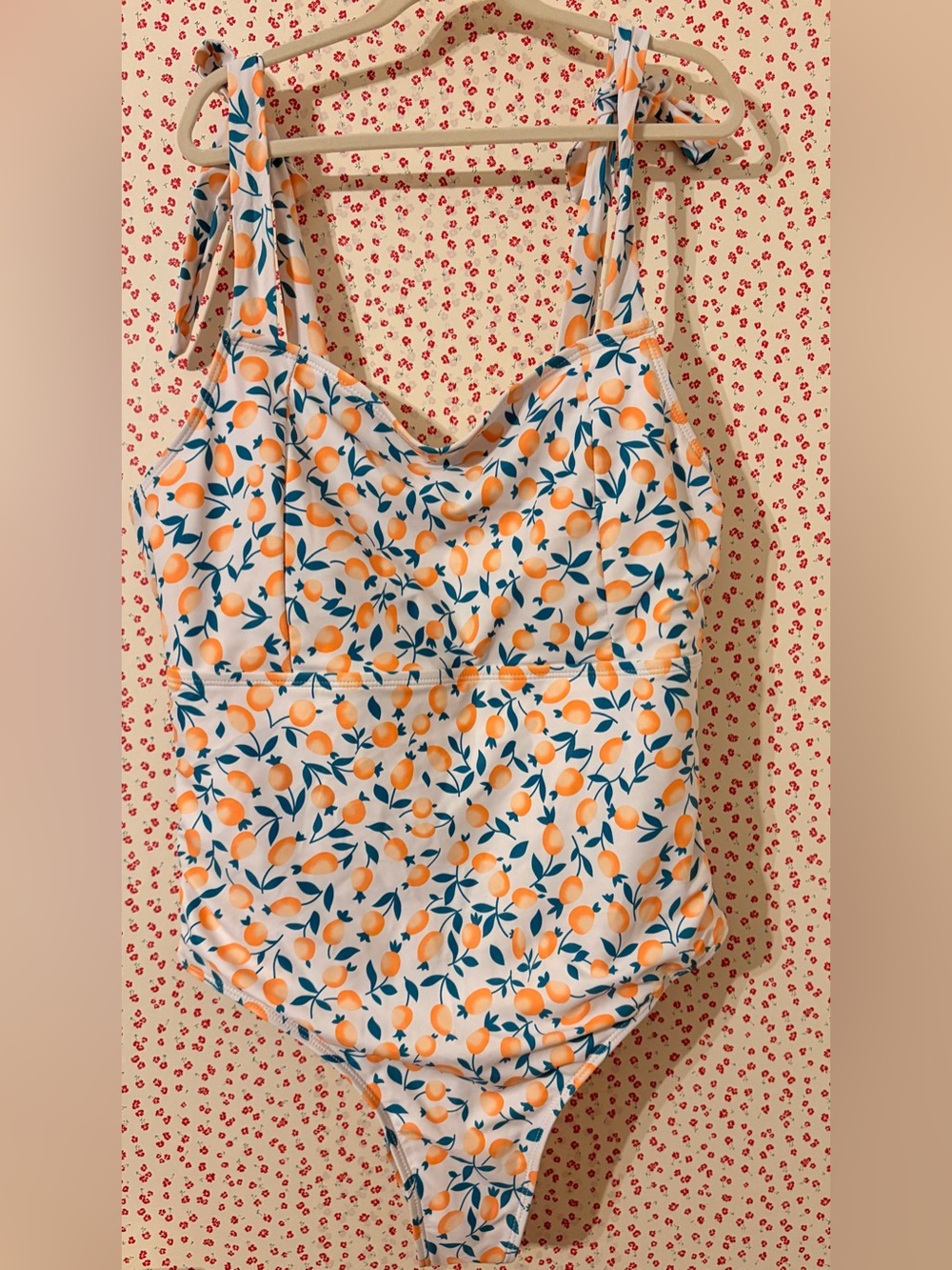 White Orange/Peach Print One-Piece Swimsuit with shoulder ties